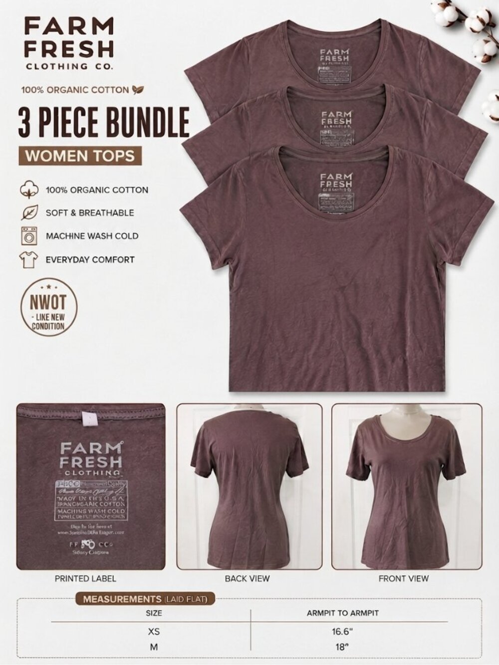 NWOT Farm Fresh Organic Cotton T-Shirt Bundle Women's 3PC Wholesale